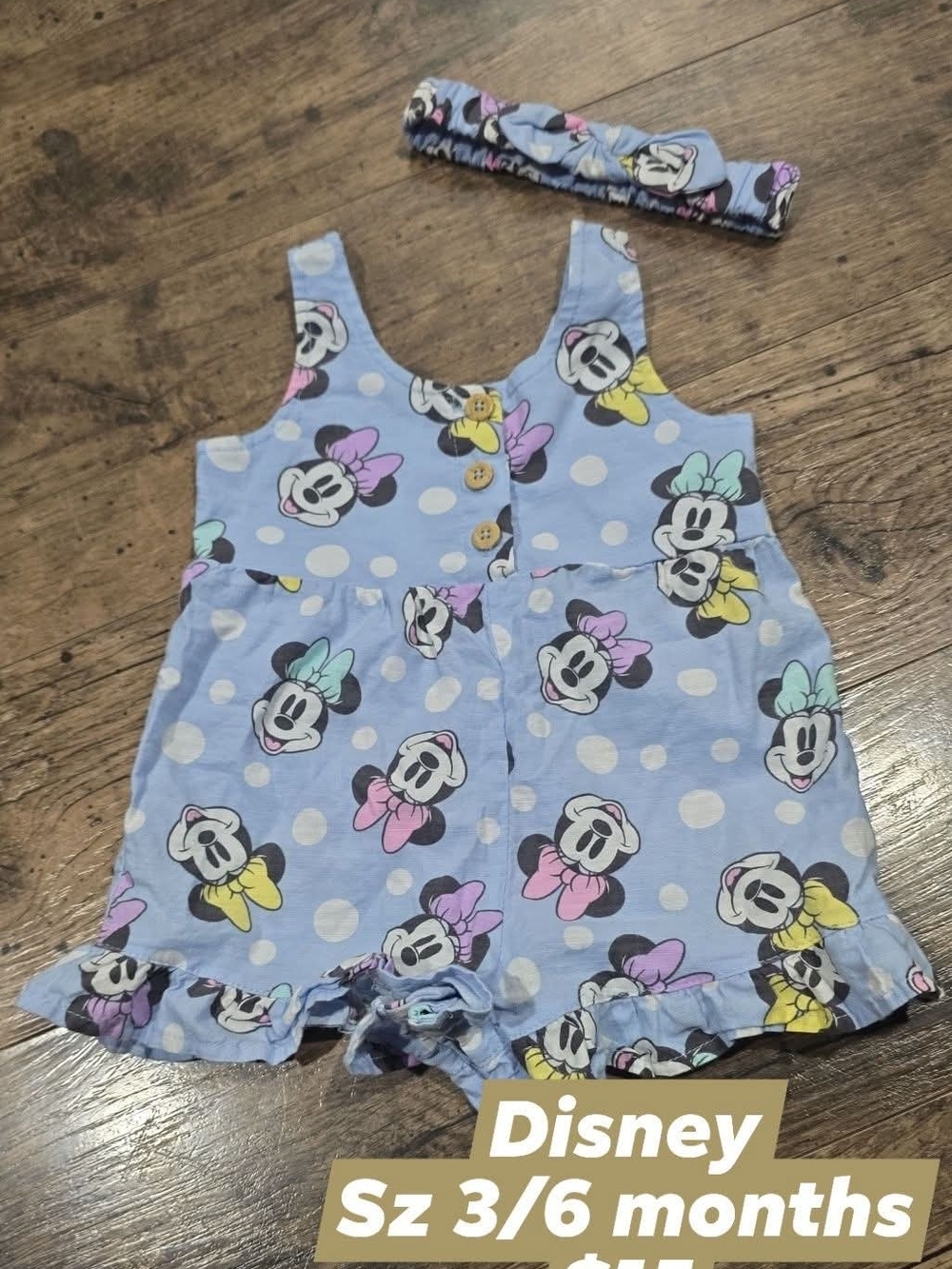 Disney Minnie Mouse Light Blue Polka Dot Romper with Headband